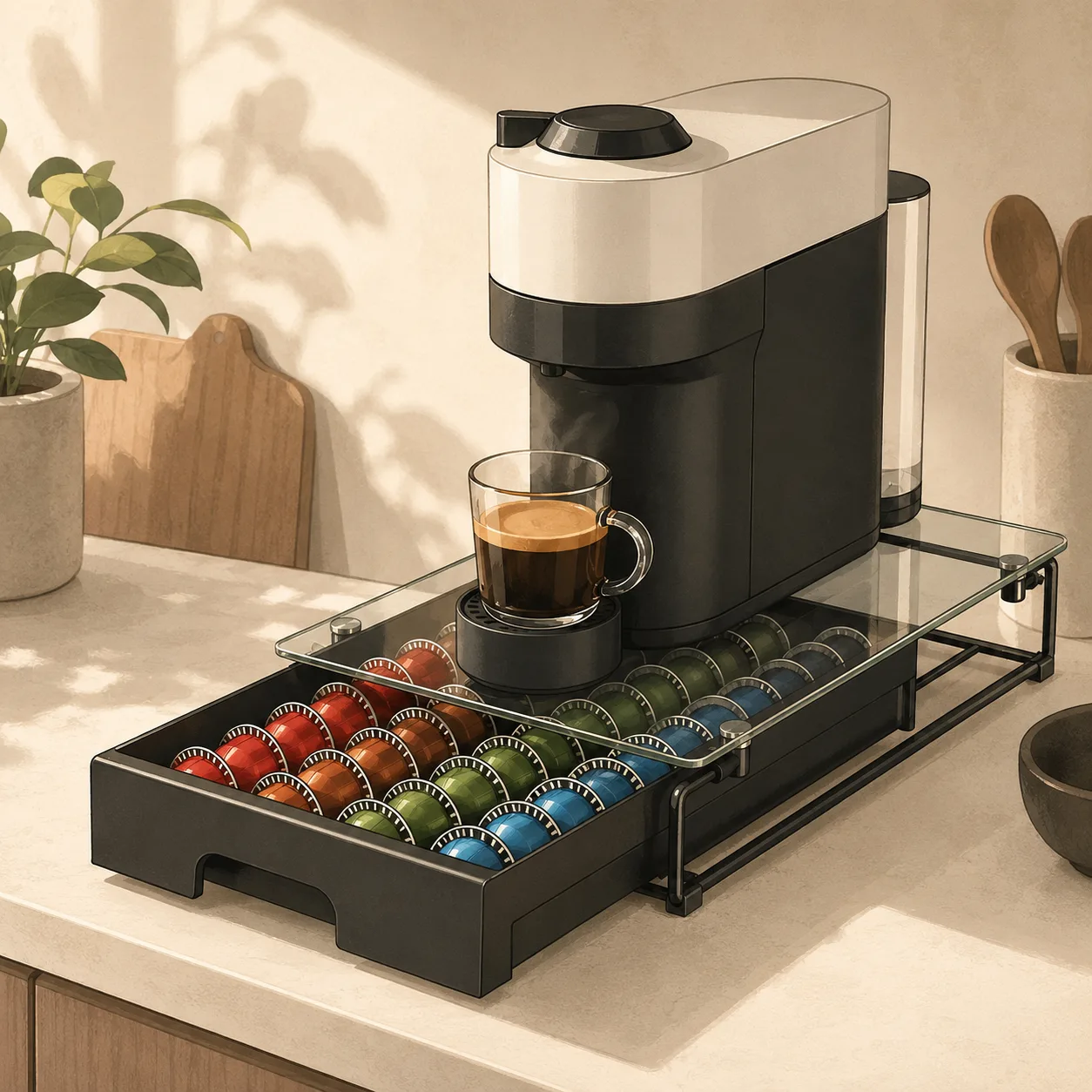 Generic low-profile coffee pod storage drawer with a tempered glass top holding color-coded capsules, coffee machine on top, editorial illustration, no brand markings